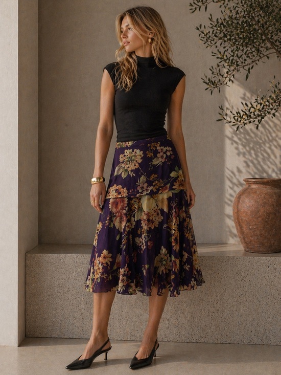 Dresses & Skirts - SOLD Magrella | Floral Midi Skirt | Plum Botanical Print | Size 38